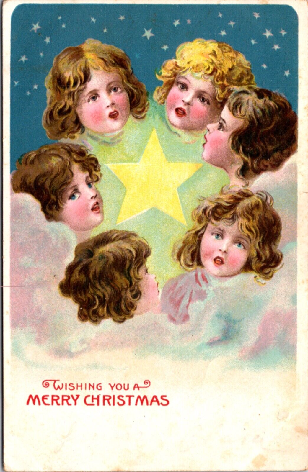 Christmas Postcard Children Angel Heads Floating Around a Star in the Clouds