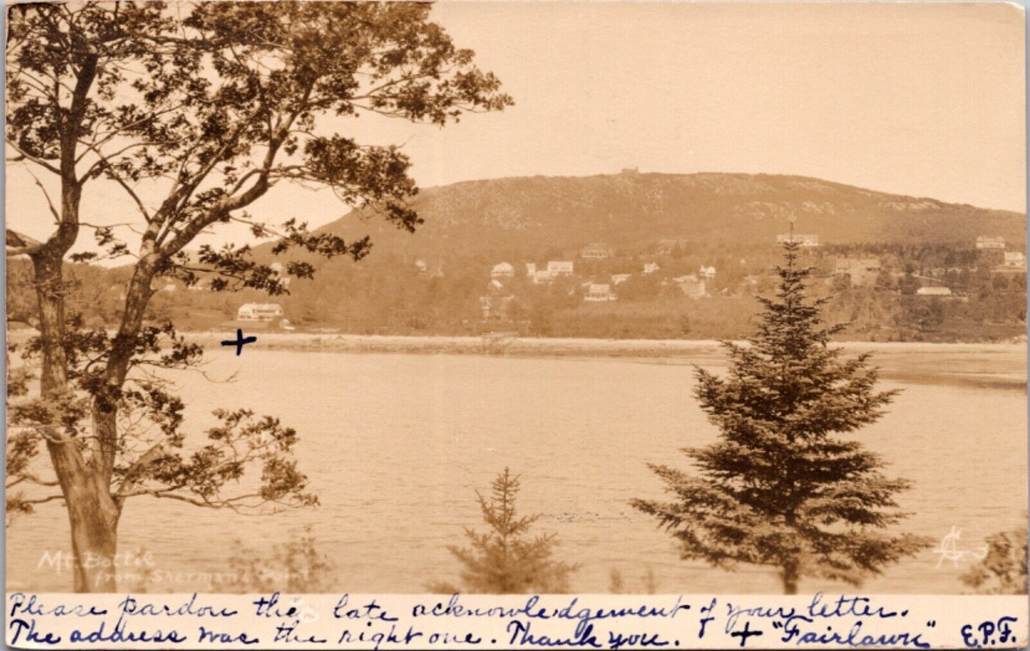 Real Photo Postcard View of Mount Battie from Shermans Point in Camden Maine