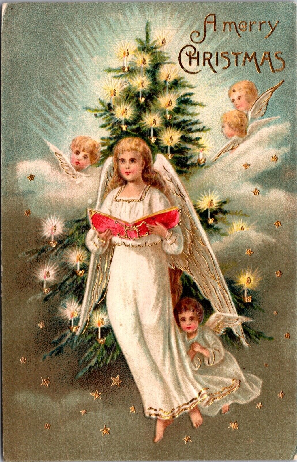 Christmas Postcard Angels Flying Around Candlelit Tree Singing Music Book