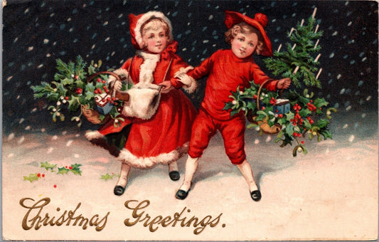 Christmas Greetings Postcard Two Children with Candlelit Trees and Holly in Snow