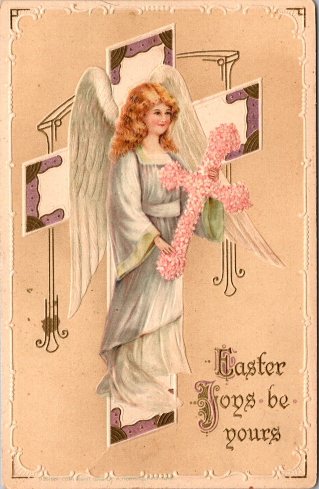 Easter Postcard Angel Floating Through Cross Carrying a Cross Made of Flowers