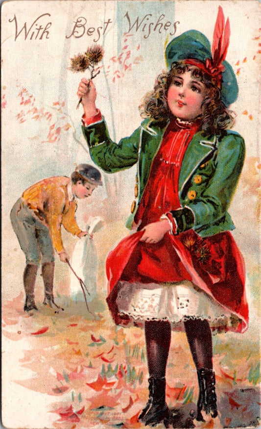 1901 Best Wishes Postcard Boy and Girl in a Forest Collecting Leaves and Sticks