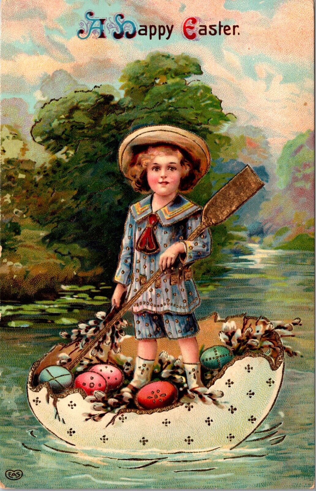 Easter PC Sailor Dressed Boy Rowing Eggshell Boat Filled with Decorated Eggs