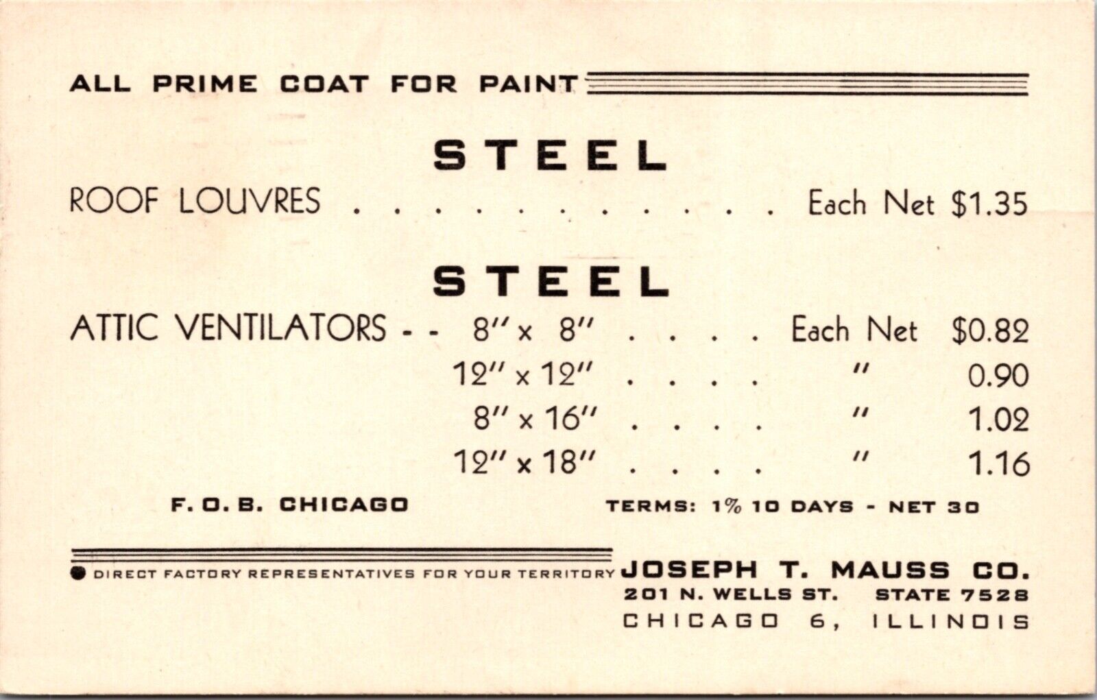 Advertising PC Steel Roof Louvres Attic Ventilators Joseph T. Mauss Chicago IL