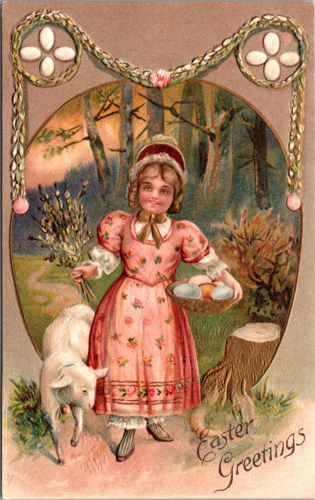 Easter Greetings Postcard Girl, Colored Eggs, Lamb/Sheep, Pussy Willow, Forest