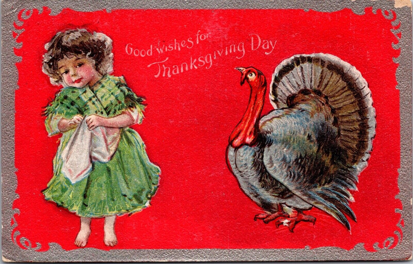 Two Thanksgiving Postcards Girls with Turkeys~2445