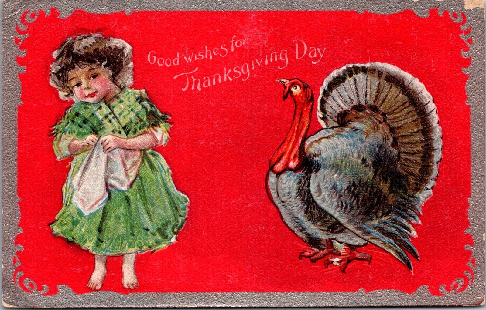 Two Thanksgiving Postcards Girls with Turkeys~2445