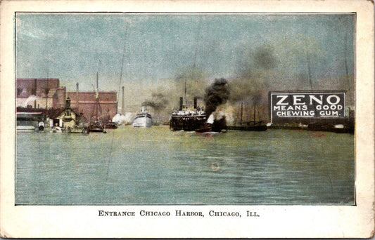 Zeno Chewing Gum Postcard Entrance to Chicago Harbor in Chicago, Illinois