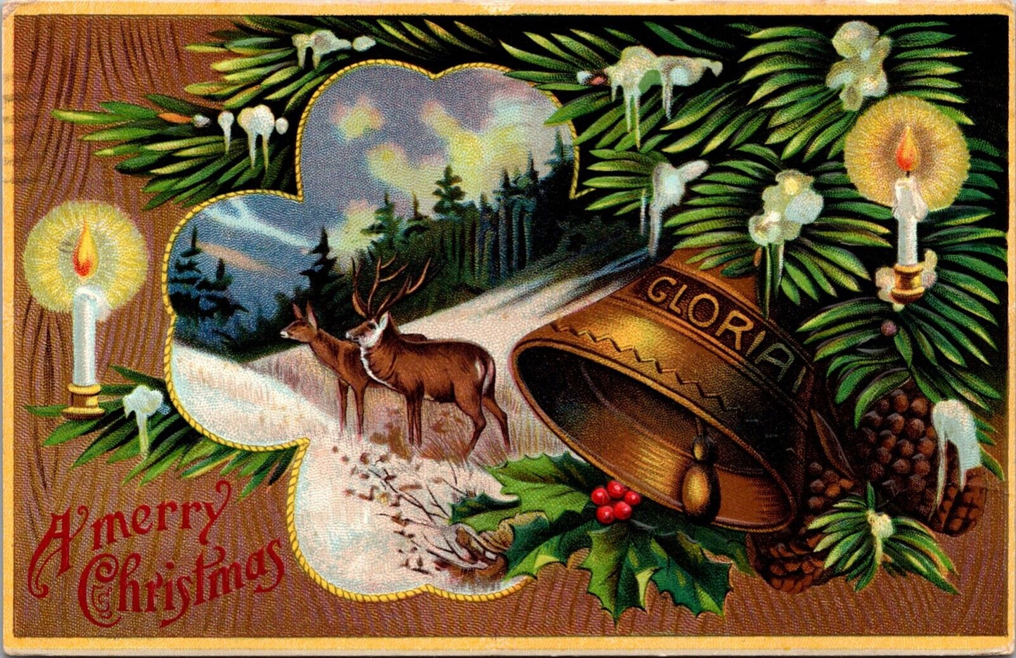 Christmas Postcard Gloria Printed on Gold Bell Deer in Snow Pine Tree Branch