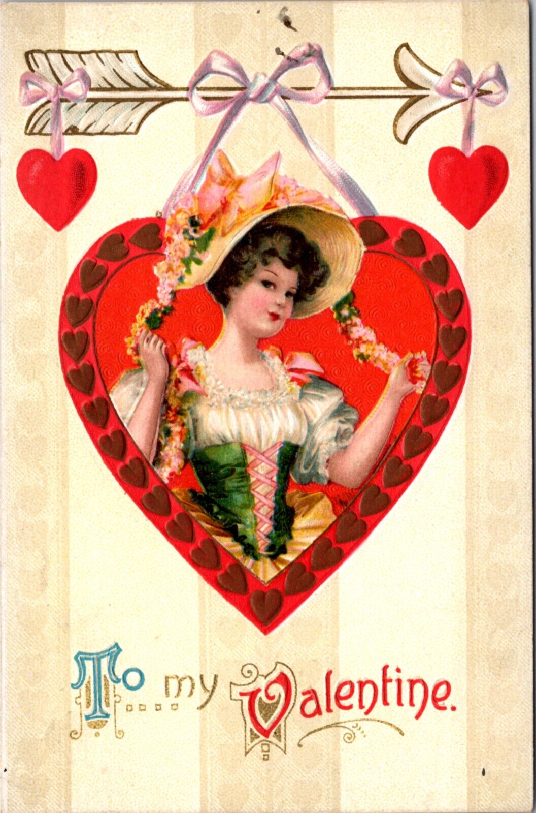 Valentine's Day Postcard Young Woman Inside Heart Flower Covered Bonnet Arrow