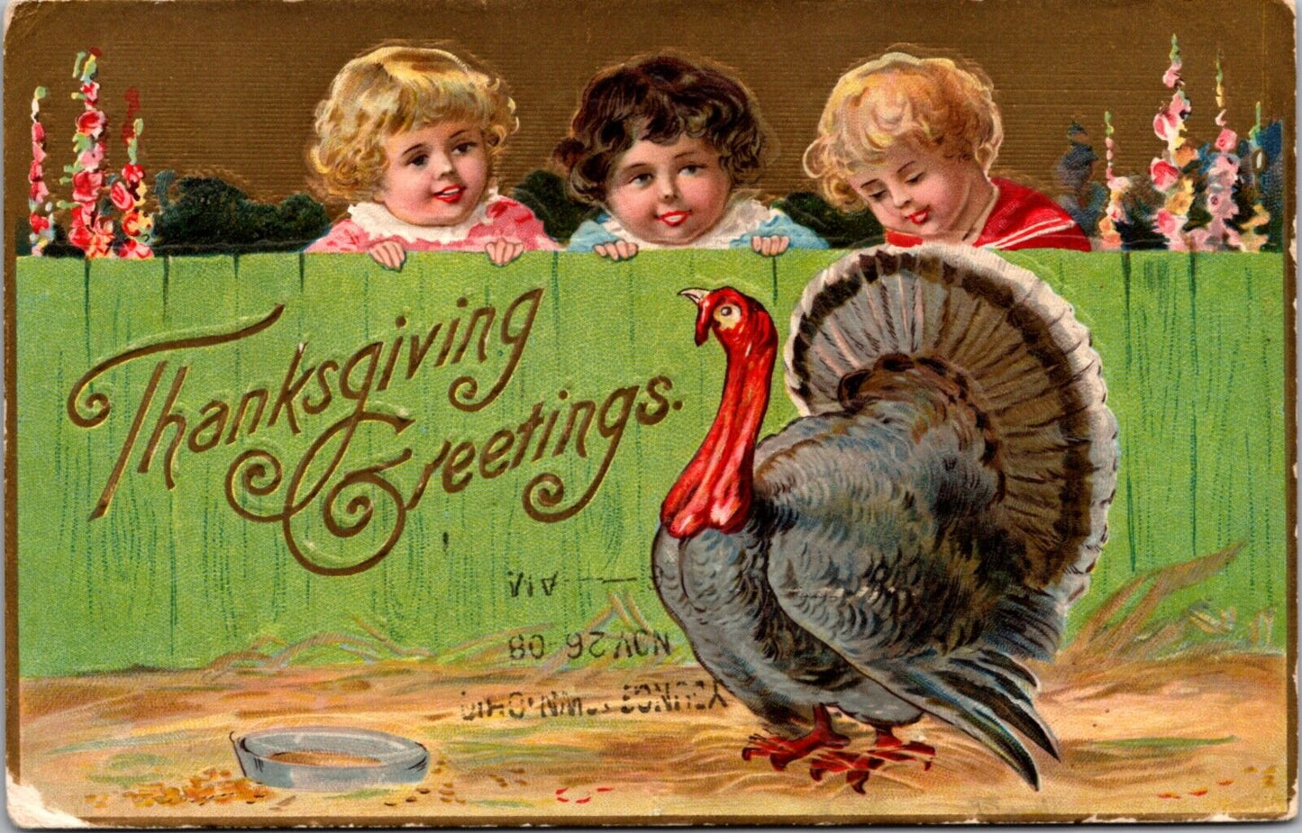 Thanksgiving Day Greetings Postcard Children Looking Over Fence at Turkey