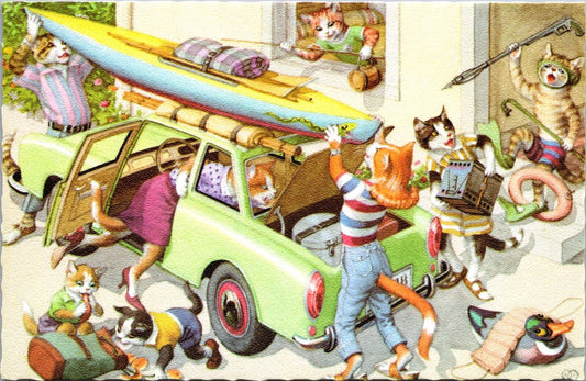 Alfred Mainzer Postcard Dressed Cats Packing Car for a Road Camping Trip