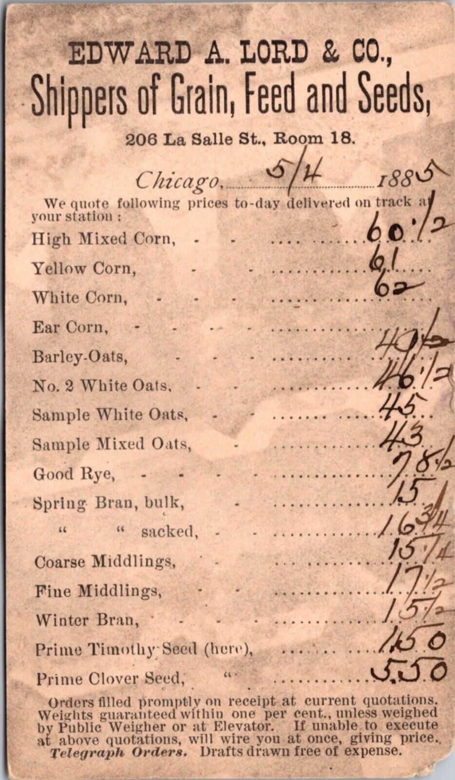 1885 Receipt PC Edward A. Lord Shippers of Grain Feed and Seeds Chicago Illinois