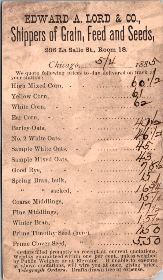 1885 Receipt PC Edward A. Lord Shippers of Grain Feed and Seeds Chicago Illinois