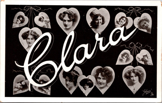 RPPC Large Letter Greetings of the Name Clara Women's Faces inside Hearts