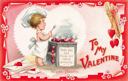 Valentine Postcard Child Chef Cooking Hearts Envelope Letter Arrows~127574