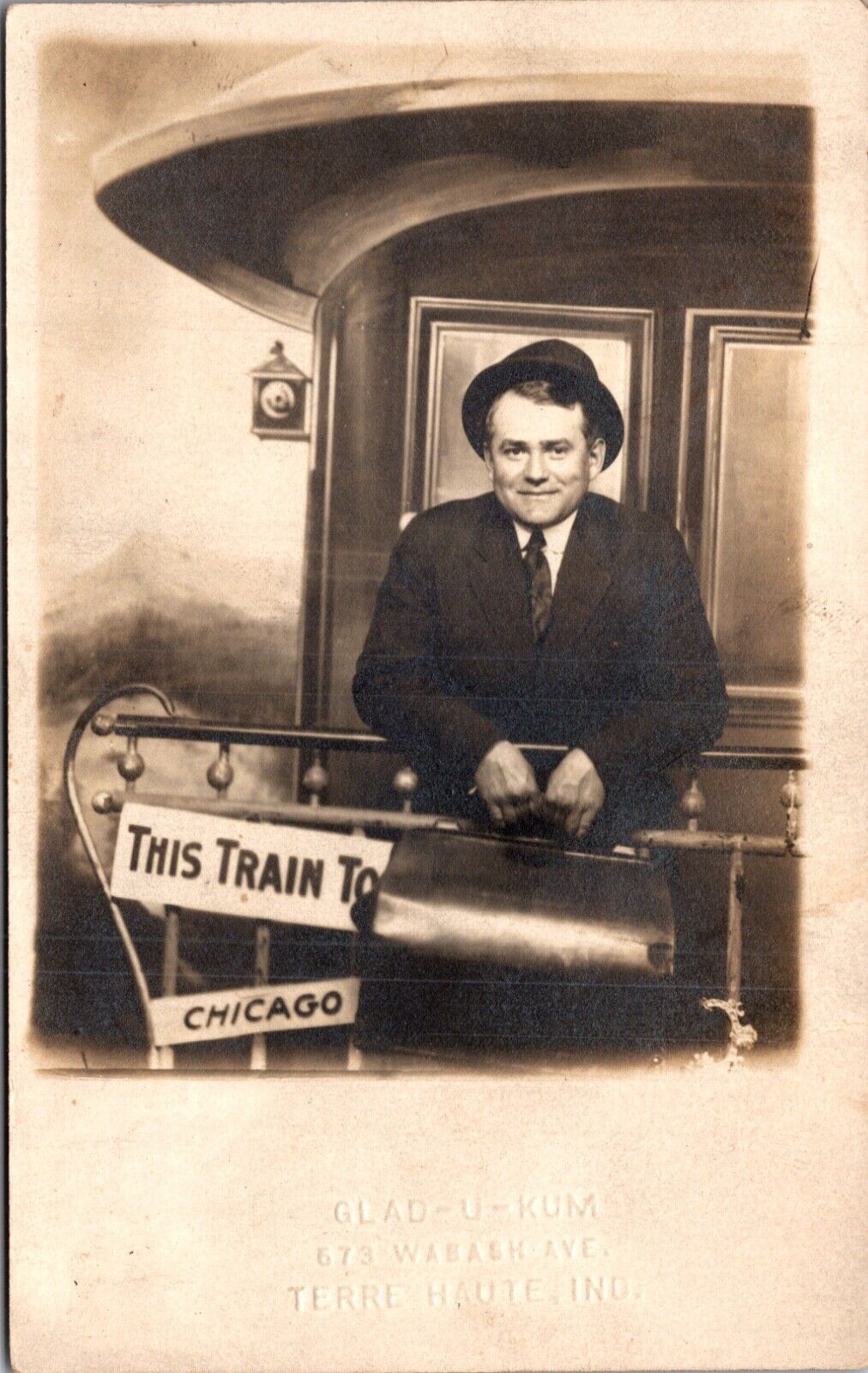 Real Photo Studio PC Man on Train Glad-U-Kum 673 Wabash Ave Terre Haute, Indiana