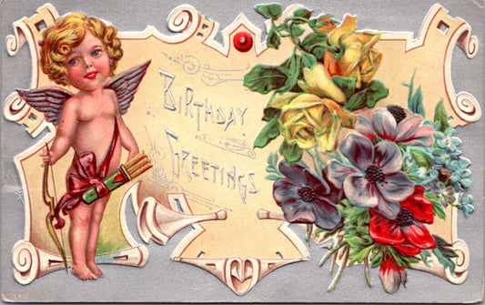 Birthday Greetings Postcard Cupid Cherub Bow Arrow Bouquet of Flowers