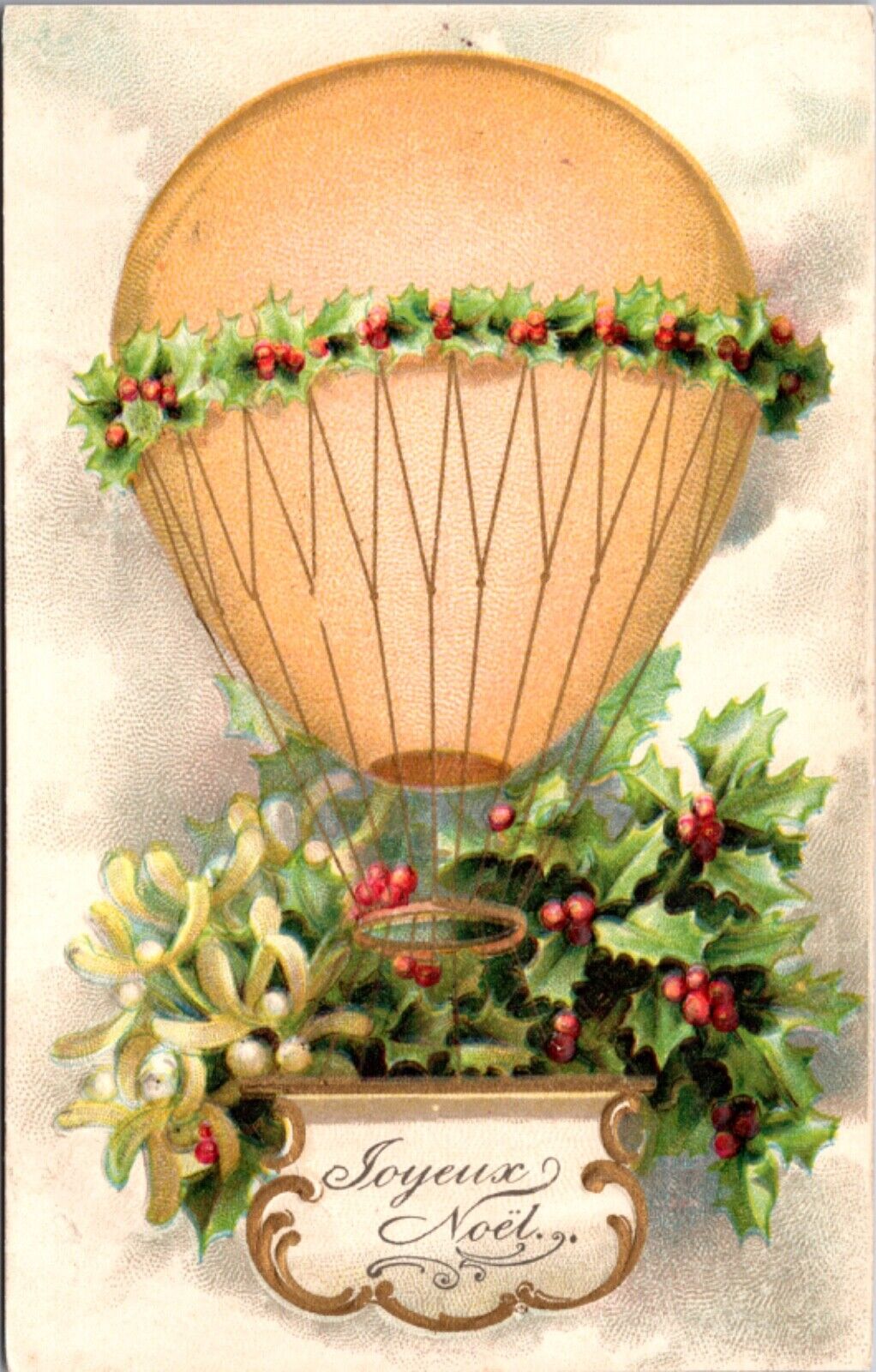 Christmas Postcard Holly Mistletoe Airship Balloon Joyeux Noel