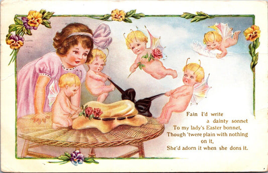 Easter Postcard Fairies Pulling on Bow of Girls Easter Bonnet