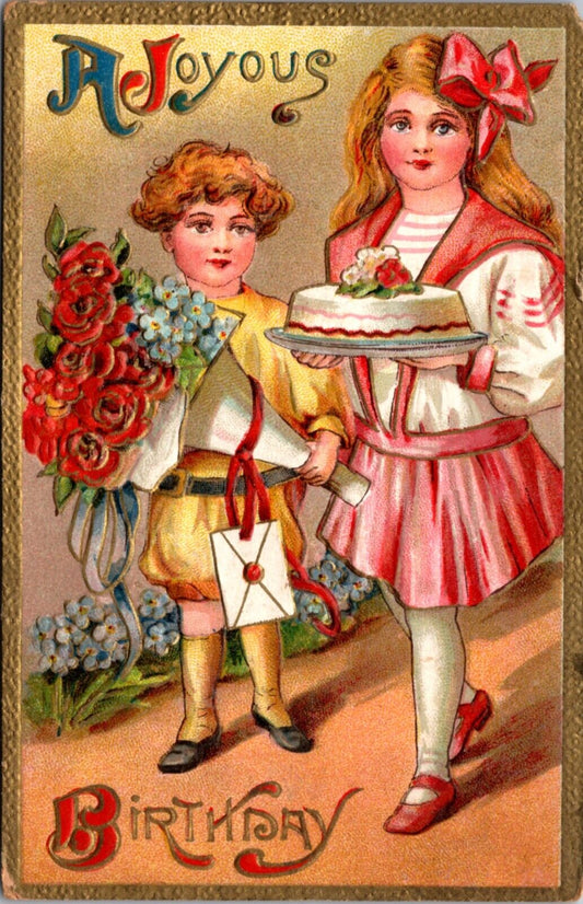 Birthday Postcard Boy and Girl Carrying Cake Bouquet of Flowers and a Card