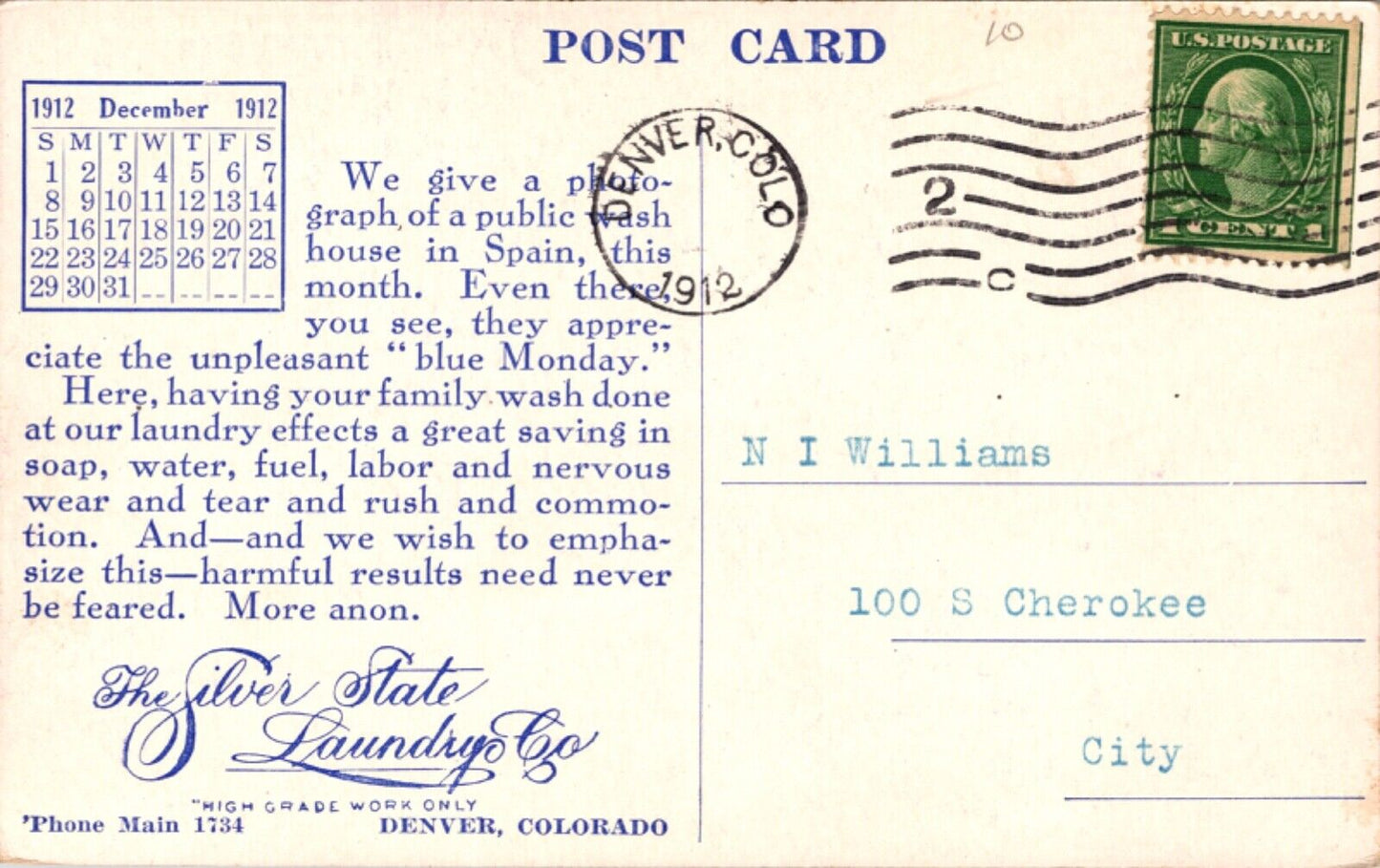 Advertising Postcard The Silver State Laundry Co in Denver, Colorado