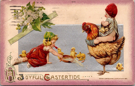 Winsch Easter Postcard Bare Bottom Baby Riding Chicken Little Girl with Chicks