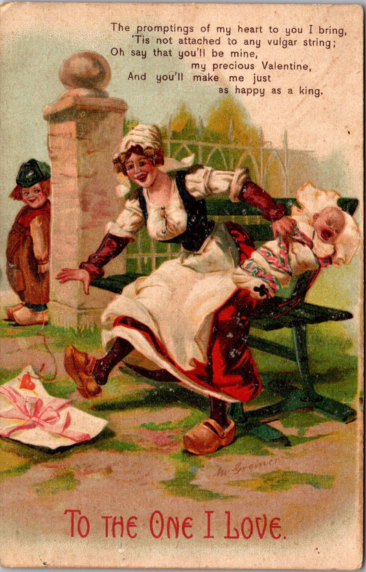 Valentine PC Dutch Woman Baby in One Hand Reaching for Letter Child Watching