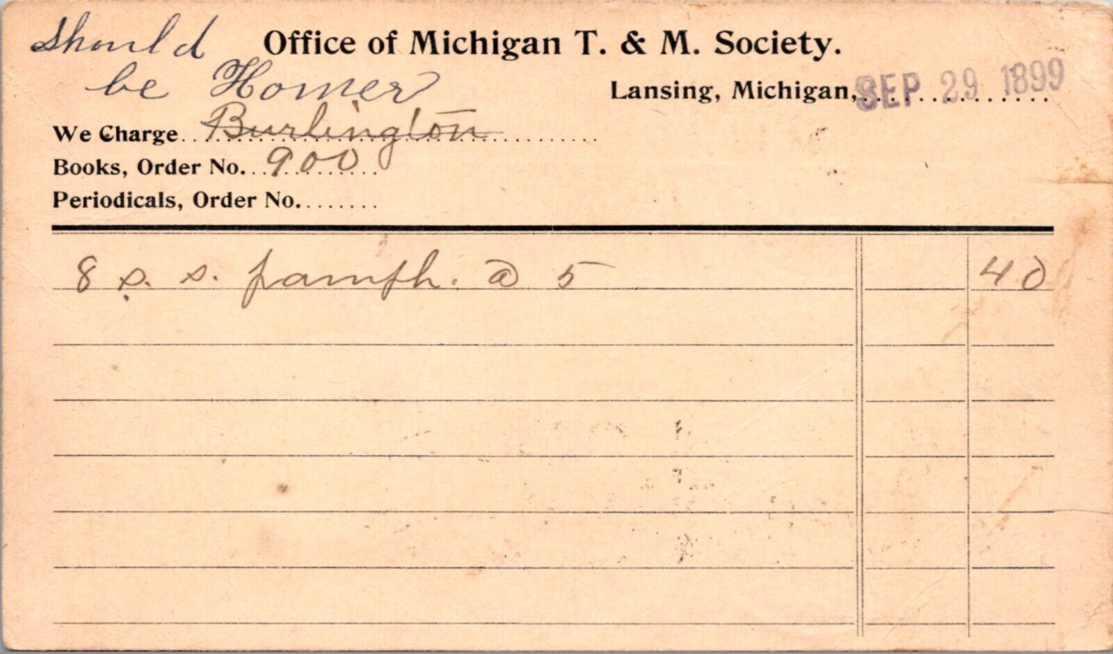 1899 Postcard Office of Michigan T. & M. Society in Lansing, Michigan