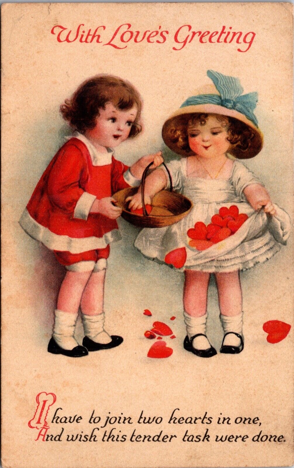 Valentine Postcard Loves Greeting Children with Hearts in Basket and Dress Skirt