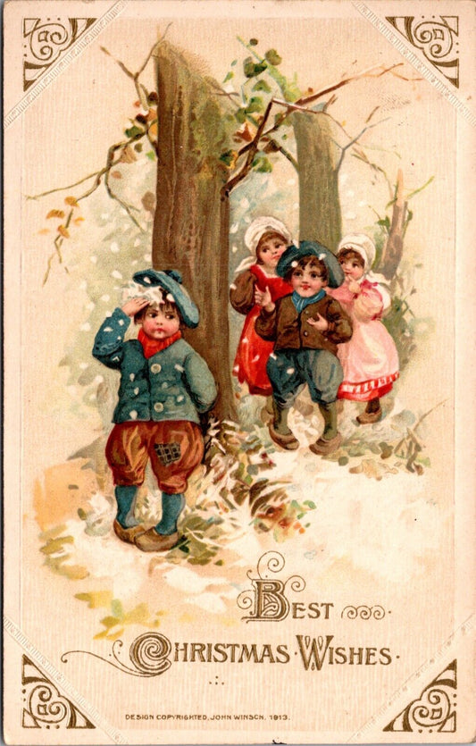 Christmas Postcard Dutch Boy Hiding From Children Throwing Snowballs in Forest