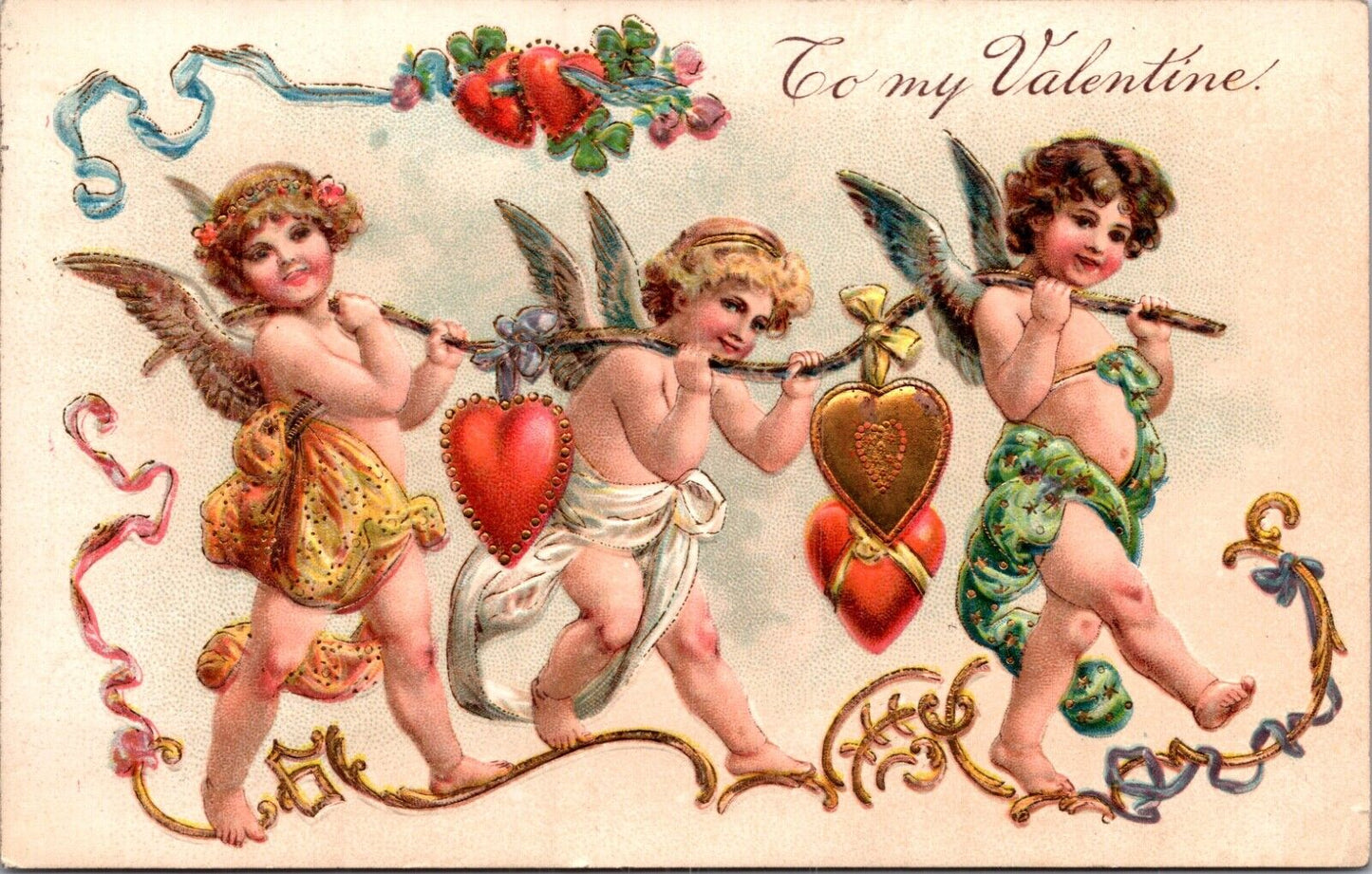 Valentine Postcard Cupid Cherubs Carrying Hearts on Stick over their Shoulders