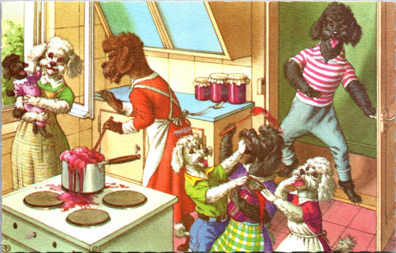 Alfred Mainzer Postcard Dressed Dogs in the Kitchen Puppies Getting Into Jam