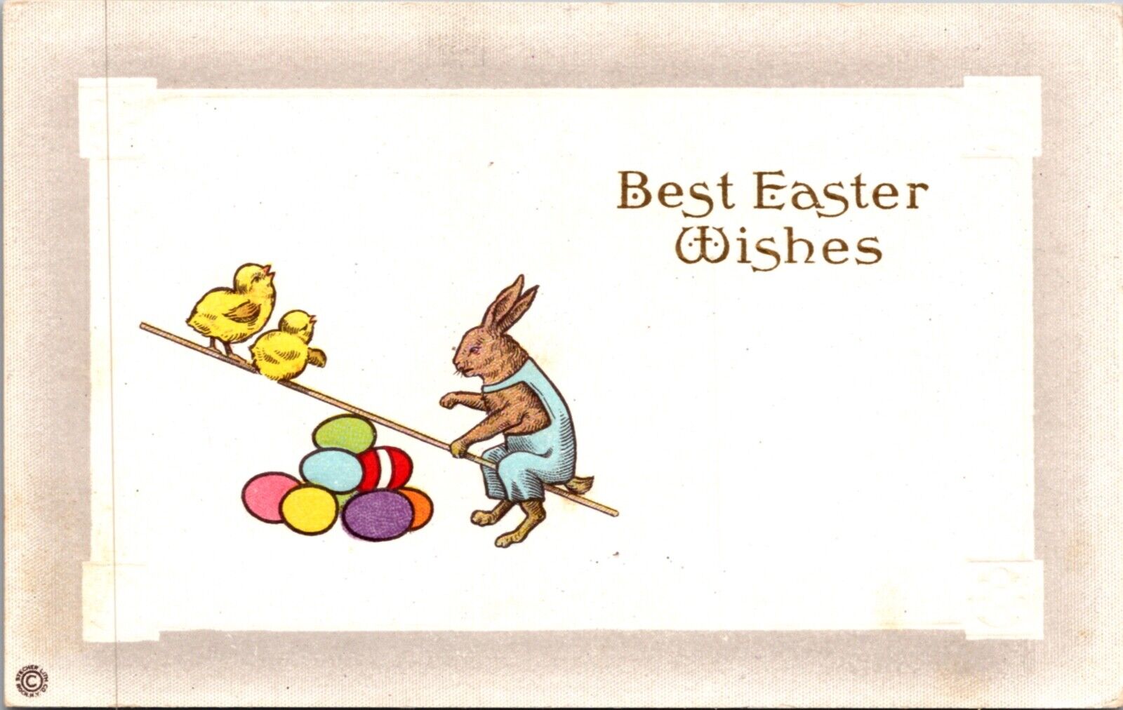 Easter Postcard Dressed Bunny Rabbit and Chicks on a Seesaw of Colored Eggs