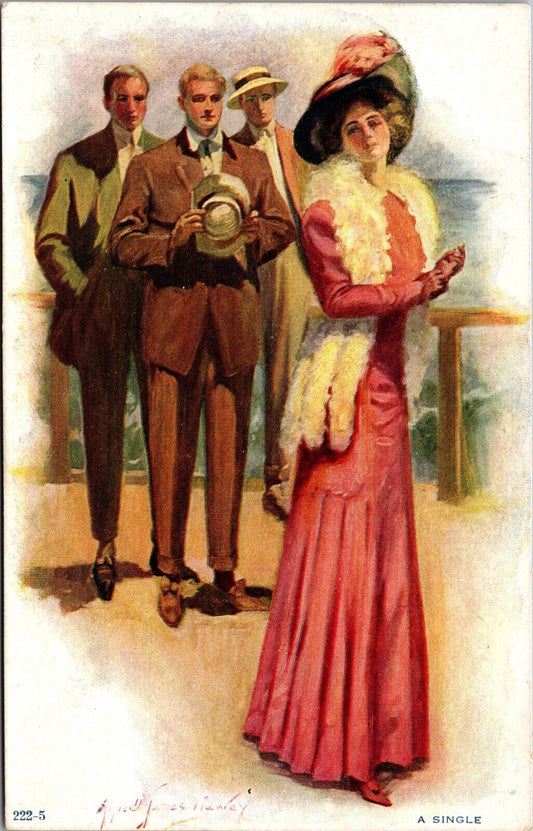 Artist Postcard Three Men Looking Fondly at Beautiful Woman "A Single"