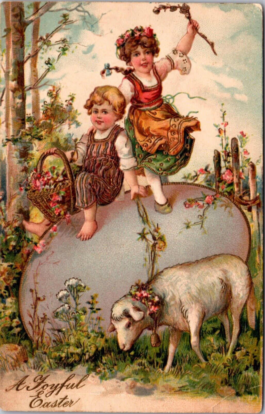 Easter Postcard Two Children Sitting on Giant Colored Egg with Sheep in Forest