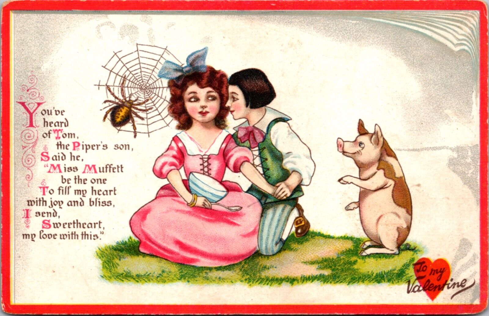 Valentine's Day Postcard Little Nursery Lovers Miss Muffett Tom The Piper's Son