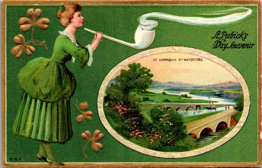 St. Patrick's Day Postcard Cappaquin Co Waterford Woman Smoking Giant Pipe