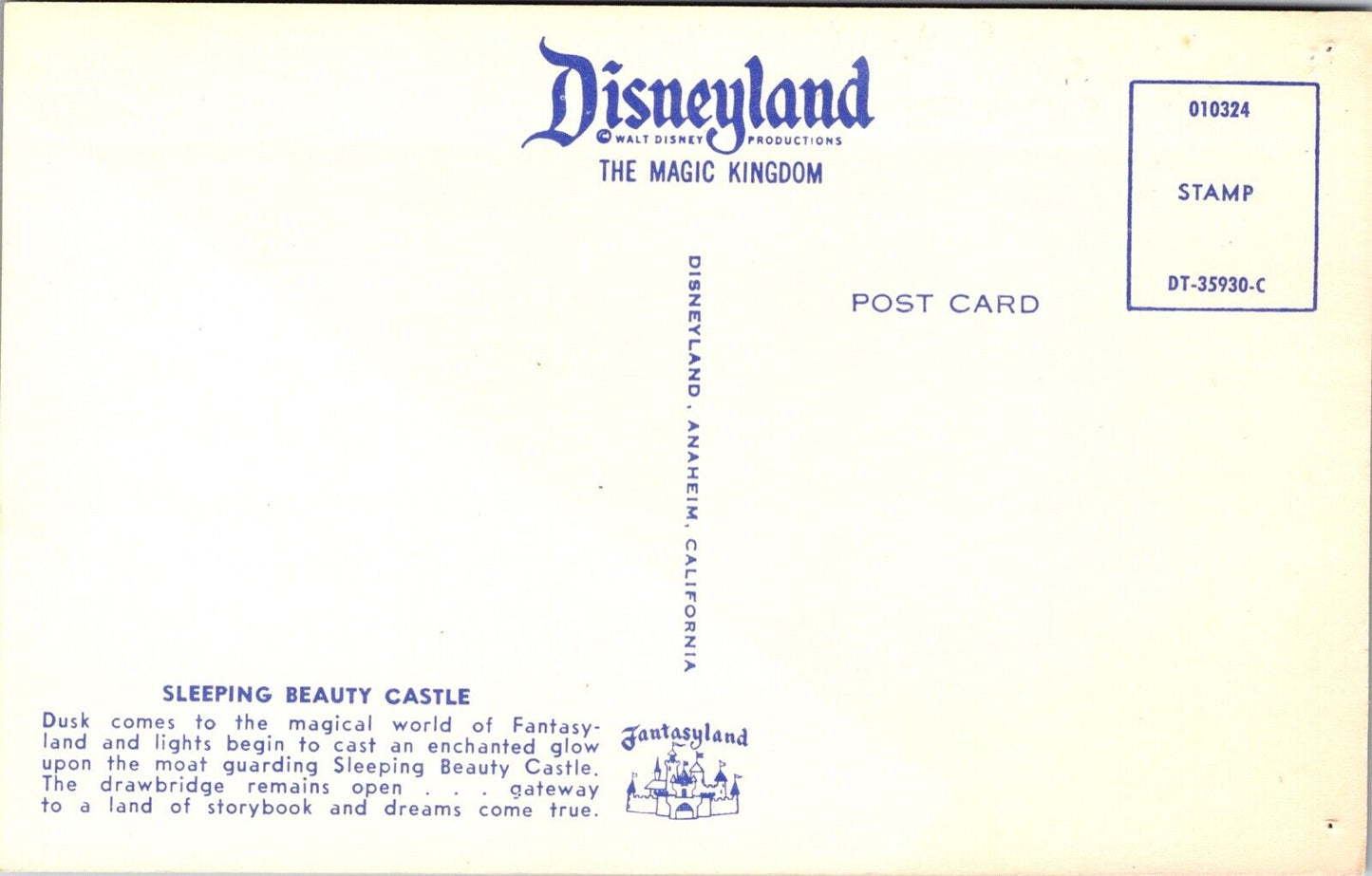 Disneyland Postcard Sleeping Beauty Castle at Dusk in Fantasyland~1090