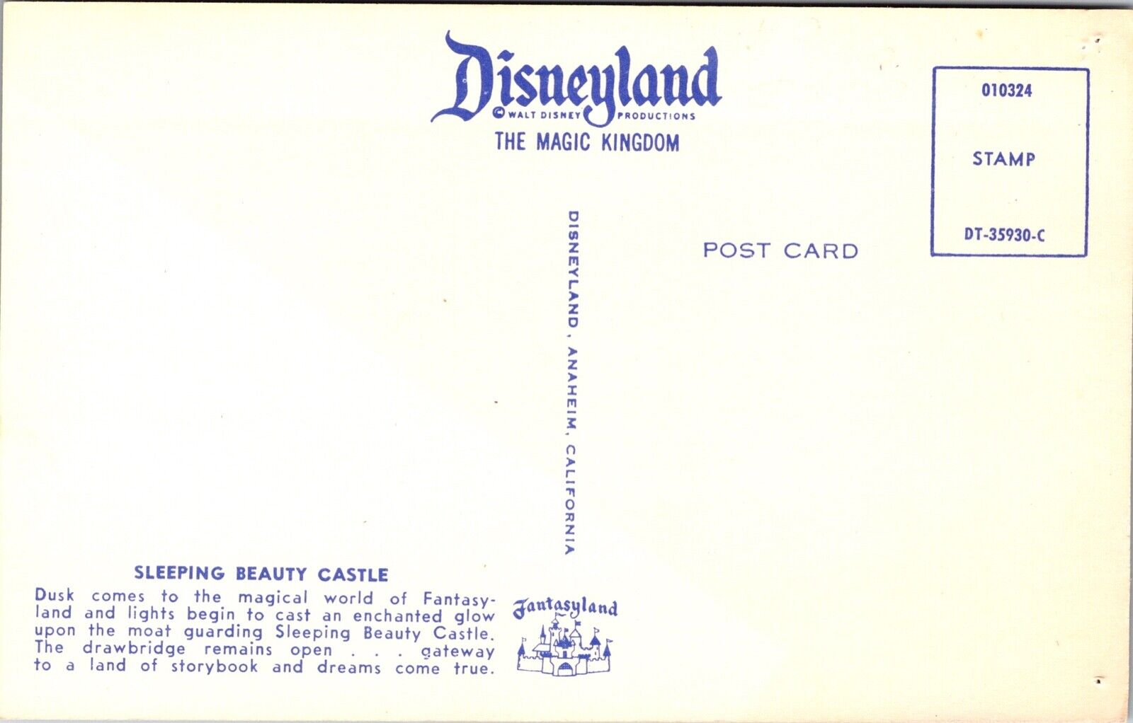 Disneyland Postcard Sleeping Beauty Castle at Dusk in Fantasyland~1090