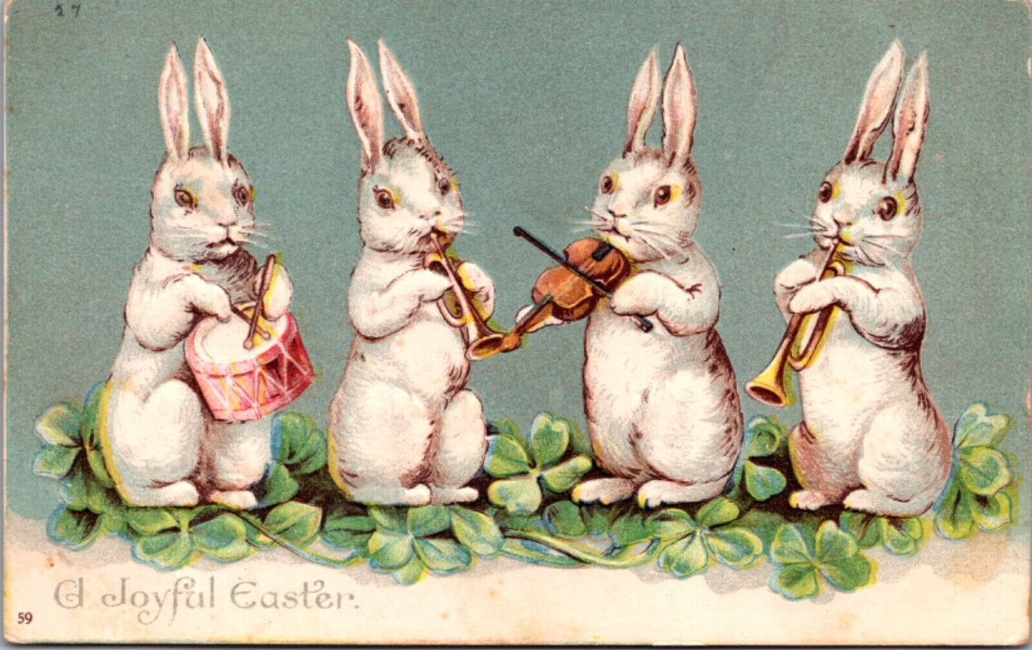 Easter Postcard A Joyful Easter White Bunny Rabbits Playing Musical Instruments