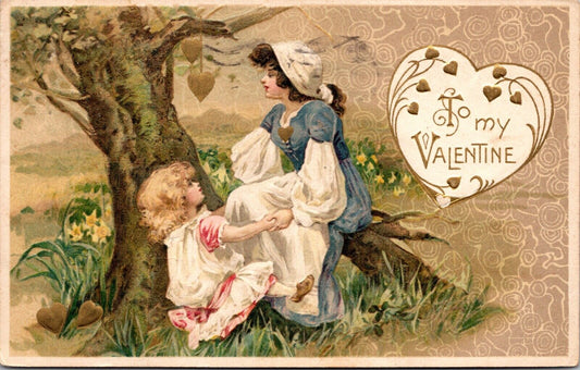 Valentine Postcard Two Girls in Field Gold Hearts Hanging From a Tree