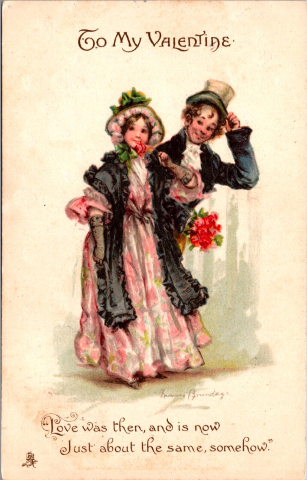 Brundage Valentine Postcard Happy Victorian Couple Walking Arm in Arm