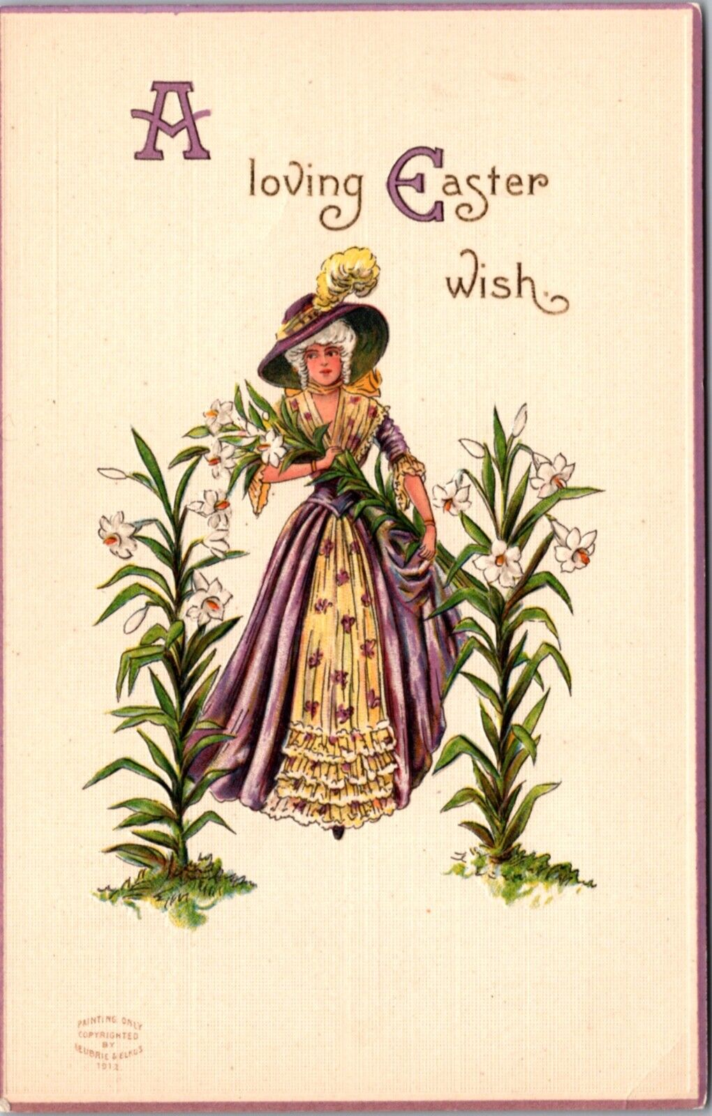 Easter Postcard Beautifully Dressed Woman Picking Easter Lily Flowers