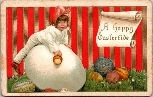 Embossed Easter Postcard Little Girl Climbing on Giant Egg Decorated Colored Egg