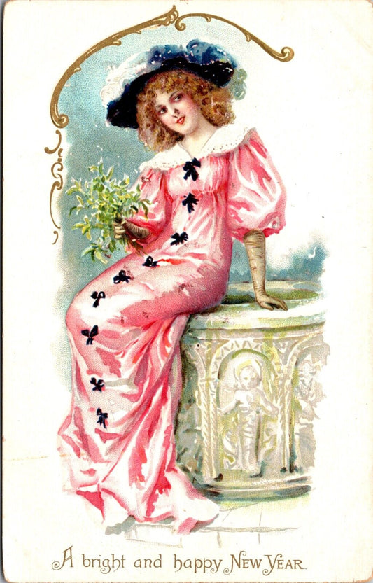 A Bright and Happy New Year Postcard Woman Wearing Pink Holding Flowers