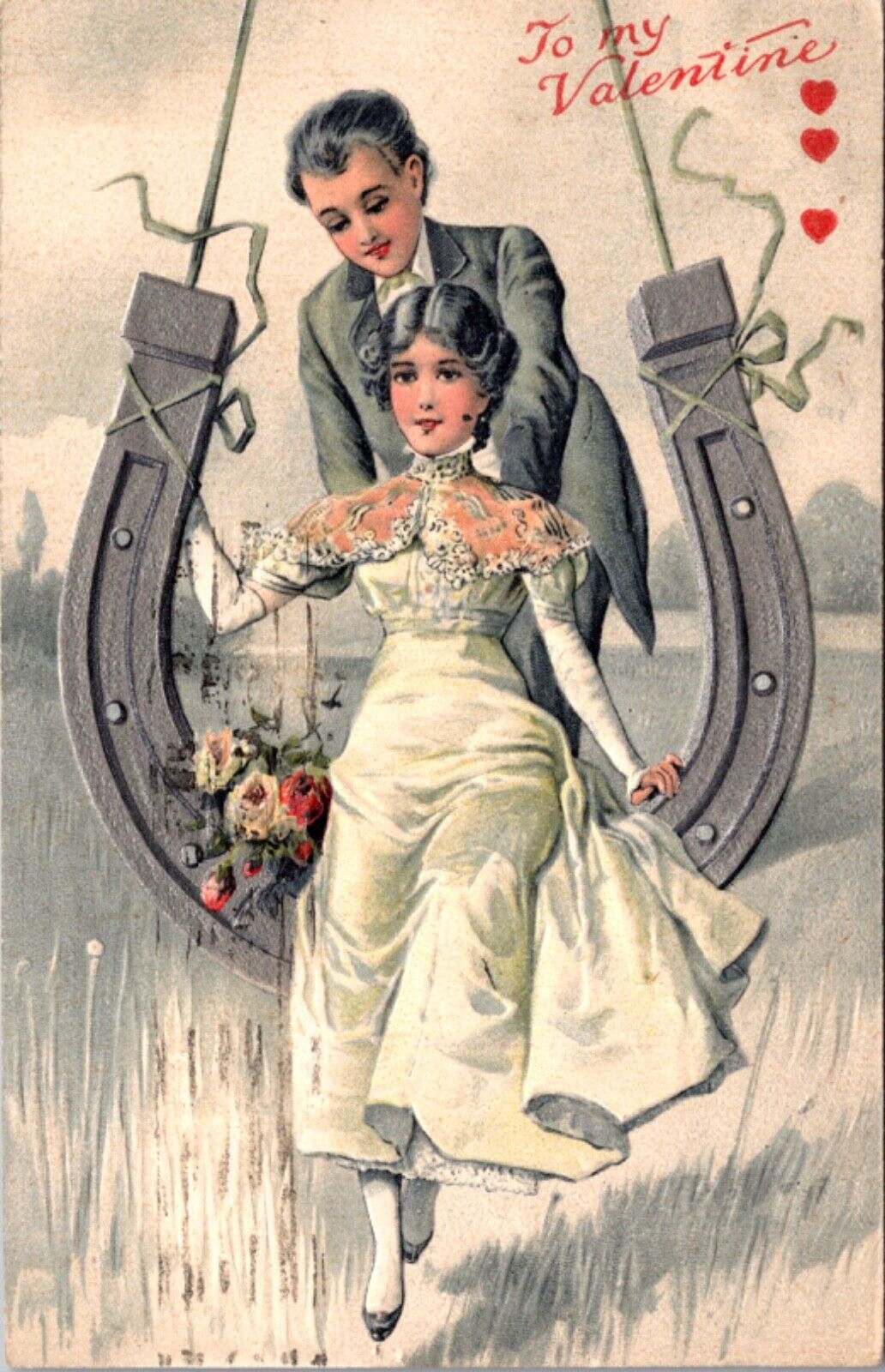 Valentine Postcard Husband and Wife Married Couple Sitting in Horseshoe Swing