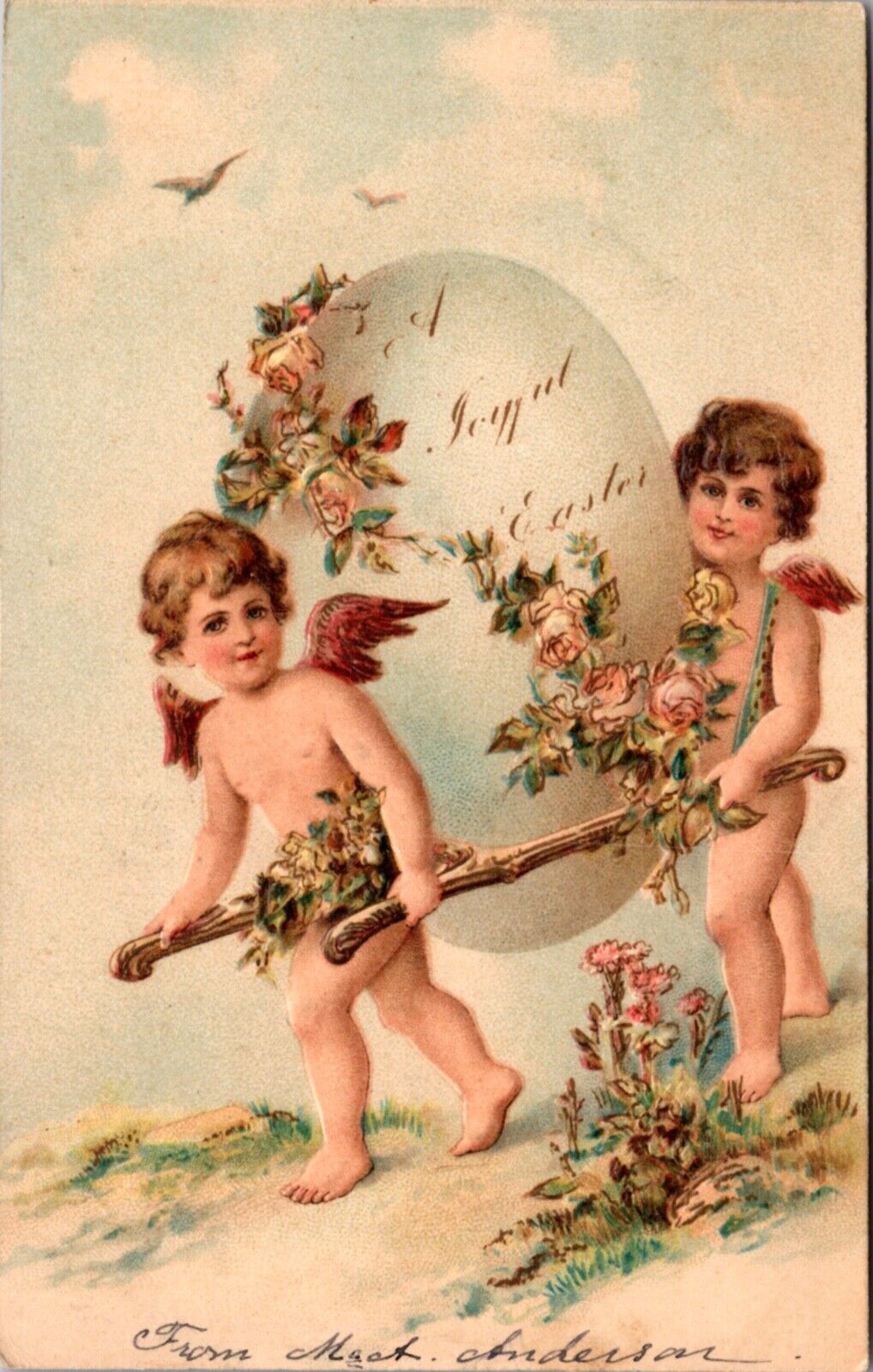 Easter Postcard Two Cherub Angels Carrying Flower Decorated Egg