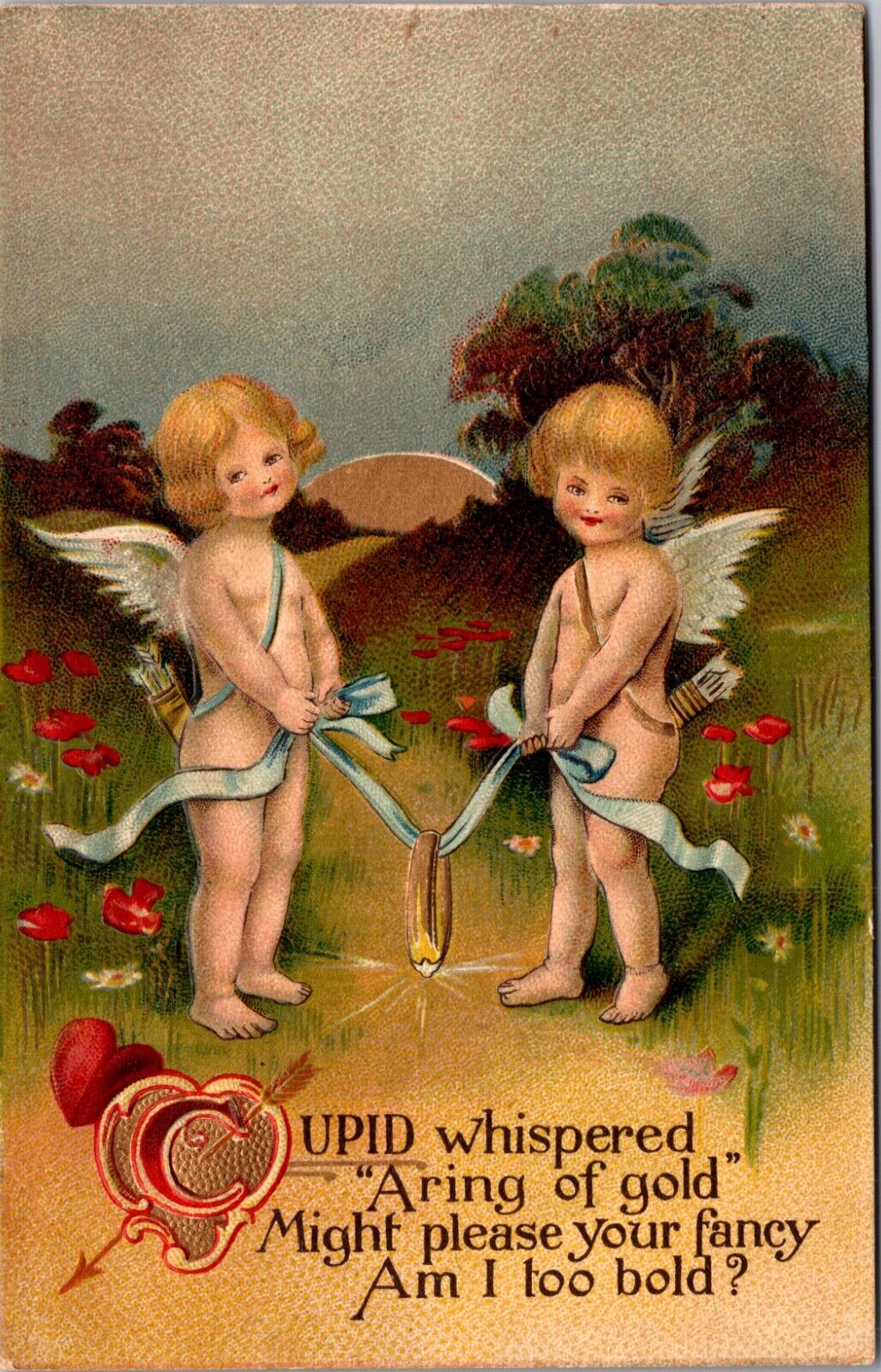 Valentine Postcard Two Cupid Angels Holding Blue Ribbons with Gold Ring Attached