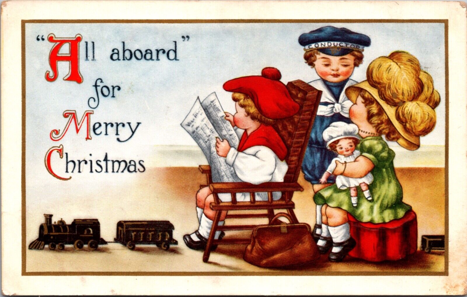 Christmas Postcard Three Children Playing With Trains, Conductor Hat